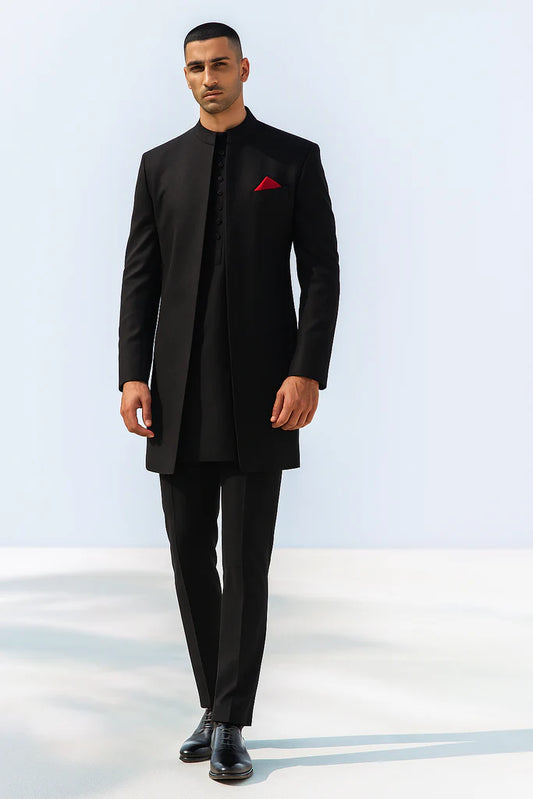 Classic Black Front Open Sherwani