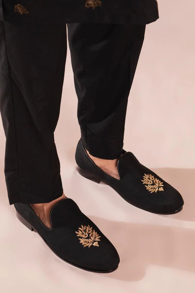 Classic Black Loafers with Hand Embroidery | Timeless Ethnic Footwear for Men