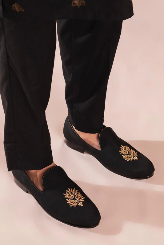 Classic Black Loafers with Hand Embroidery | Timeless Ethnic Footwear for Men