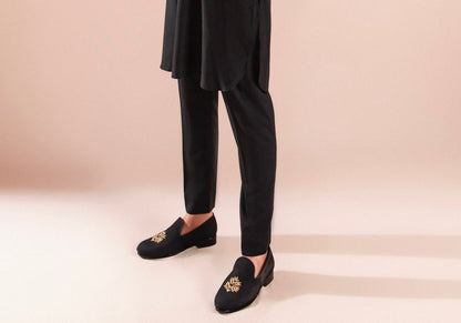 Classic Black Loafers with Hand Embroidery | Timeless Ethnic Footwear for Men