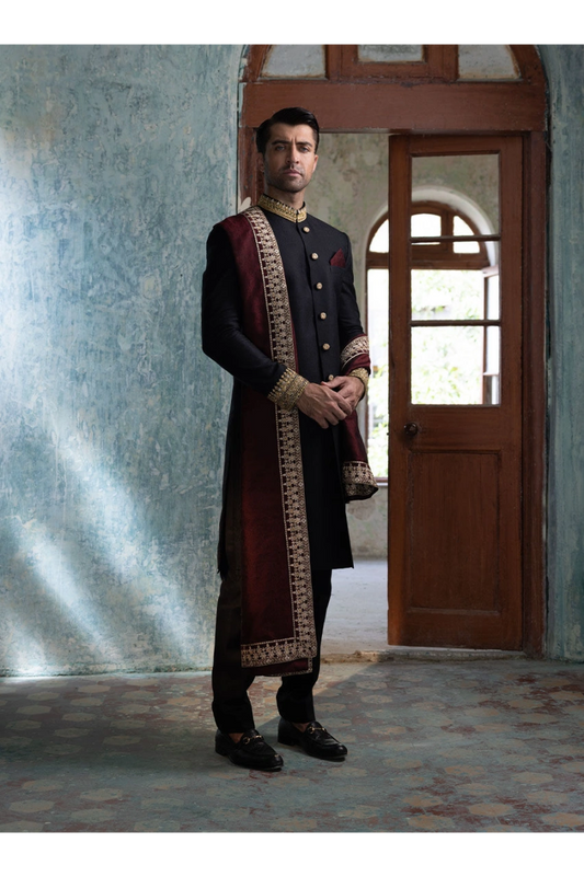 Classic Black Sherwani with Collar and Sleeve Embroidered