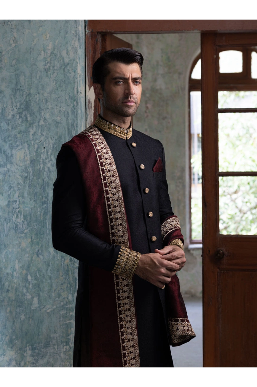Classic Black Sherwani with Collar and Sleeve Embroidered