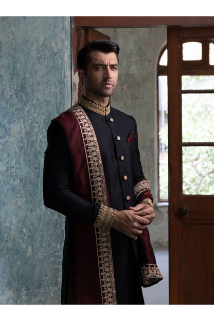 Classic Black Sherwani with Collar and Sleeve Embroidered