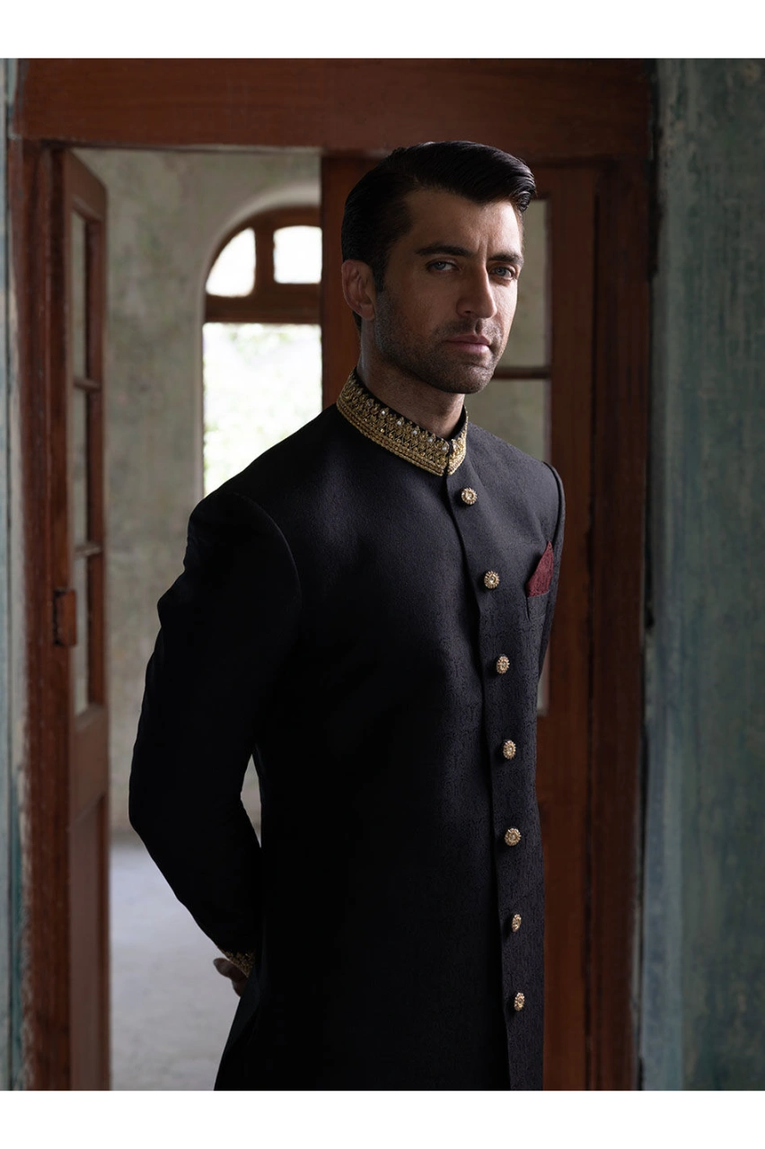 Classic Black Sherwani with Collar and Sleeve Embroidered