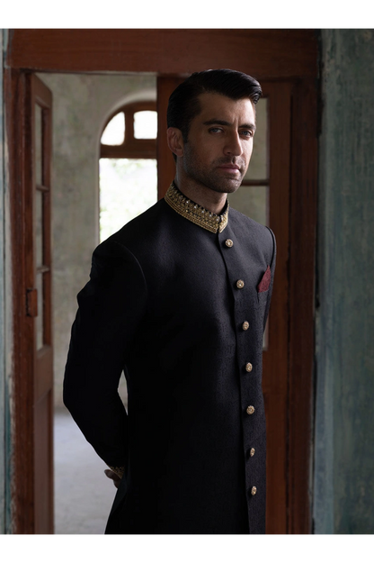 Classic Black Sherwani with Collar and Sleeve Embroidered