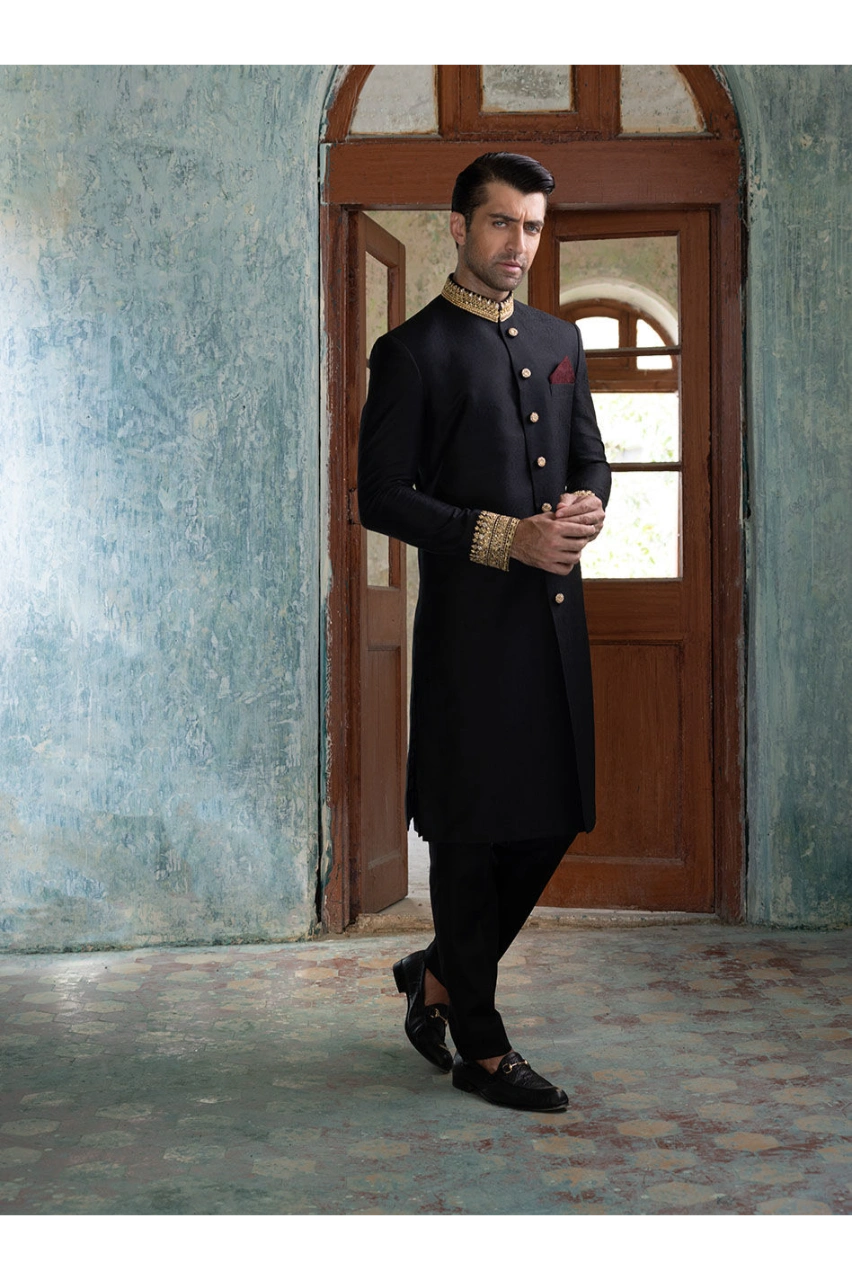 Classic Black Sherwani with Collar and Sleeve Embroidered