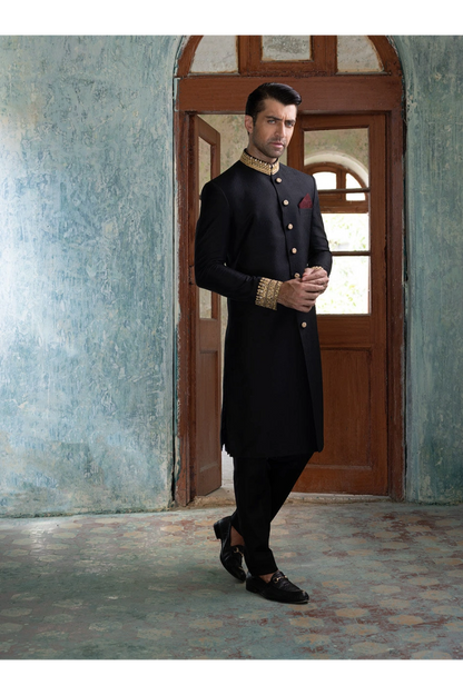 Classic Black Sherwani with Collar and Sleeve Embroidered