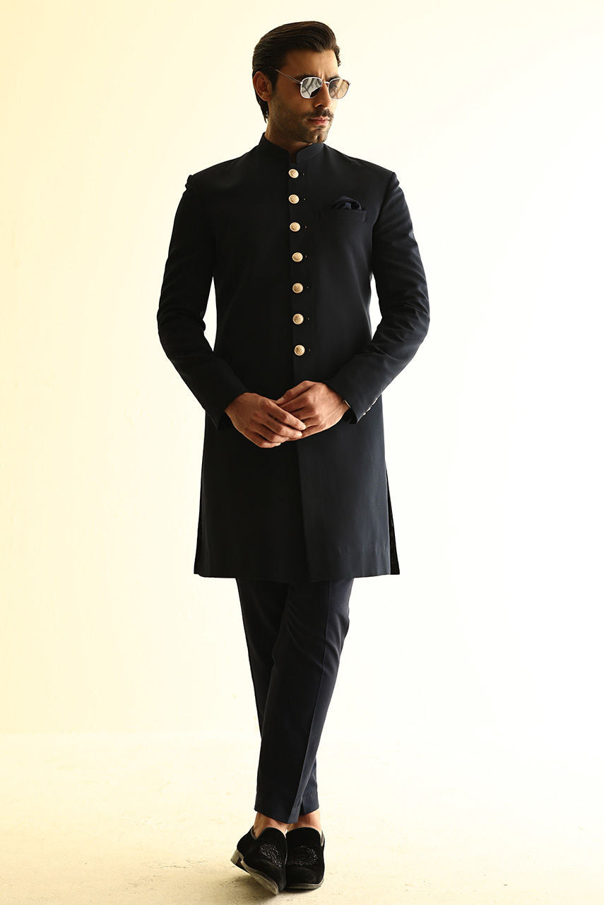 Classic Black Sherwani with Gold Buttons for Groom