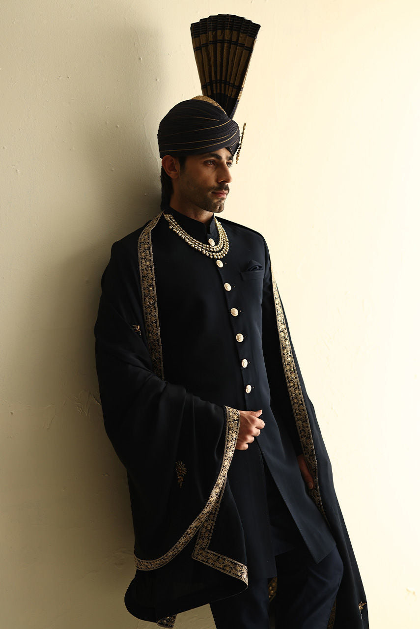 Classic Black Sherwani with Gold Buttons for Groom
