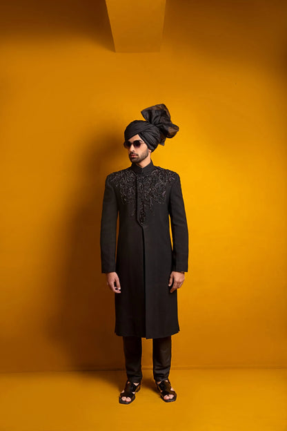 Classic Black Sherwani with Hand Embroidery