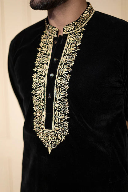 Classic Black Velvet Kurta with Collar Embroidered