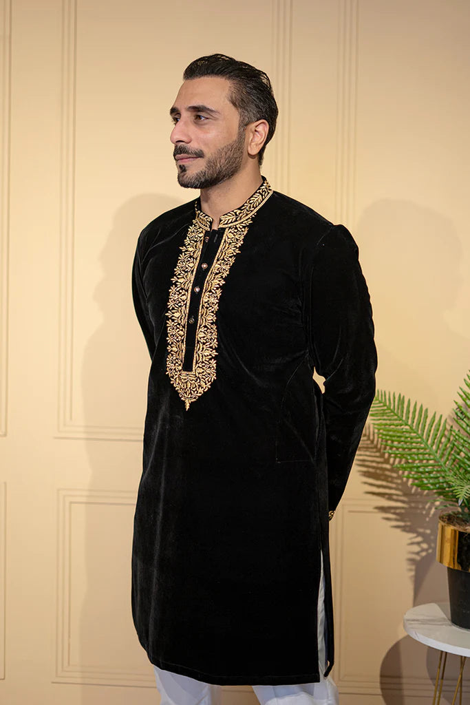 Classic Black Velvet Kurta with Collar Embroidered