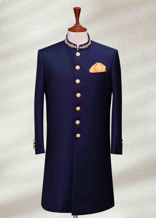 Classic Blue Sherwani with Collar Embroidered