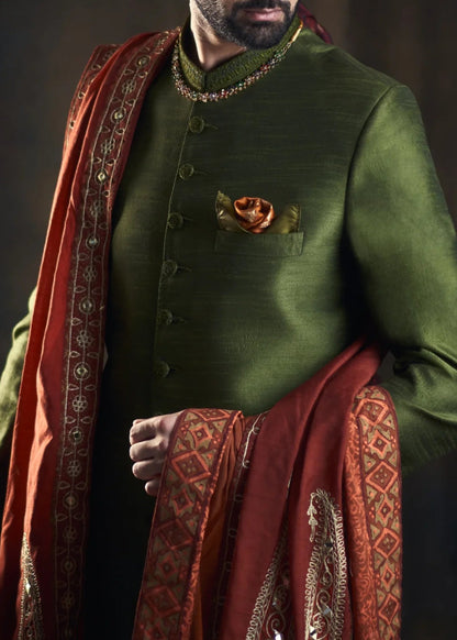 Classic Olive Green Sherwani with Collar Embroidered
