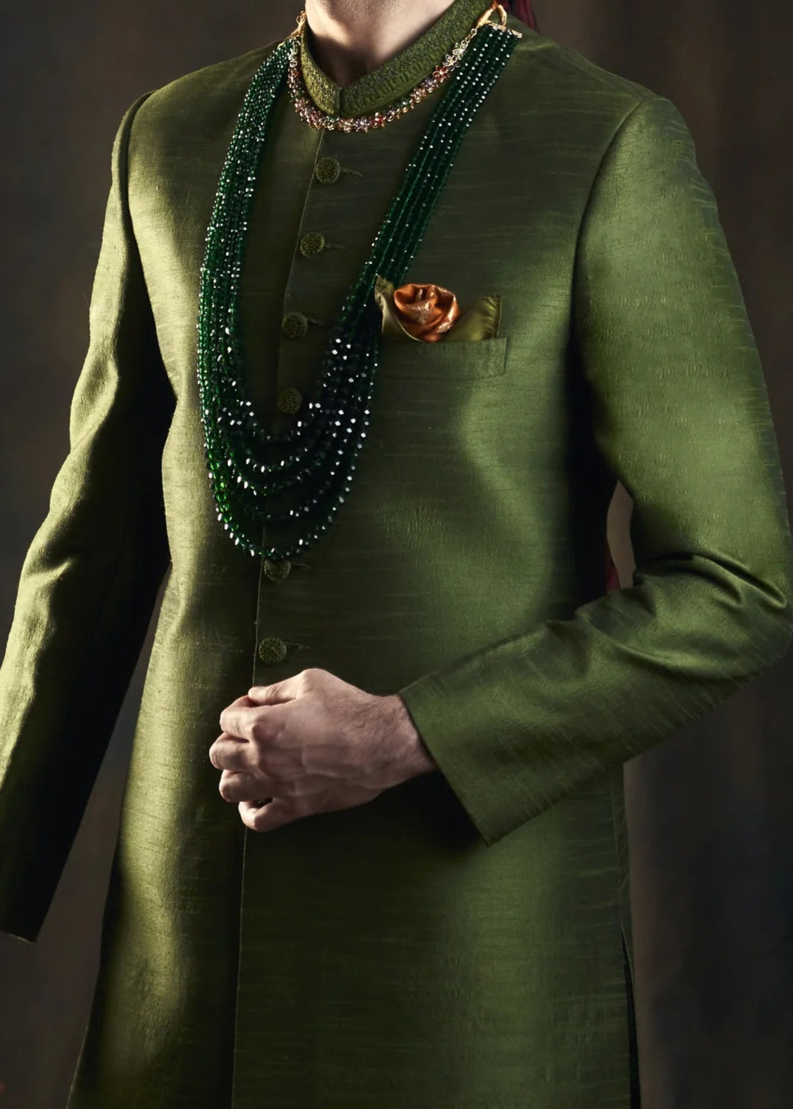 Classic Olive Green Sherwani with Collar Embroidered