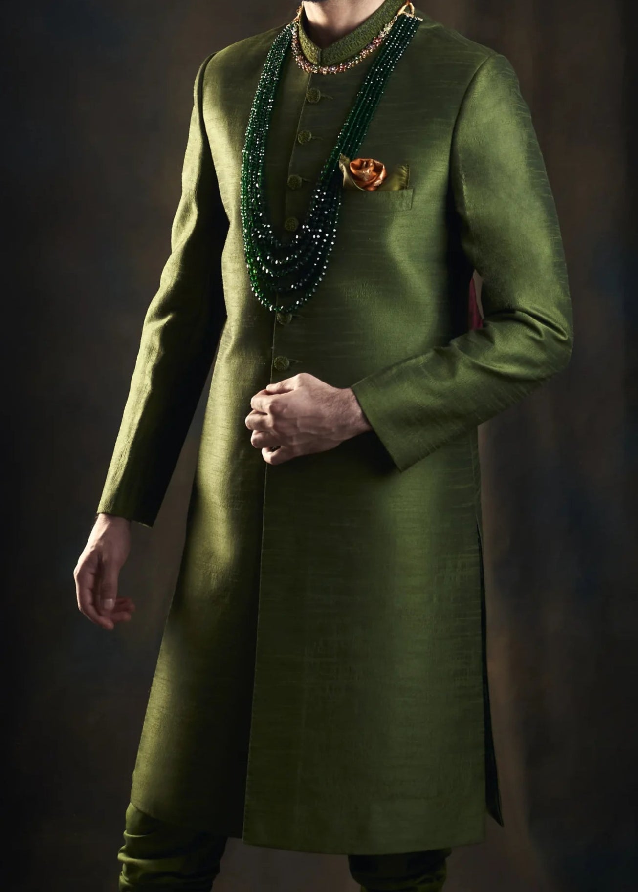 Classic Olive Green Sherwani with Collar Embroidered