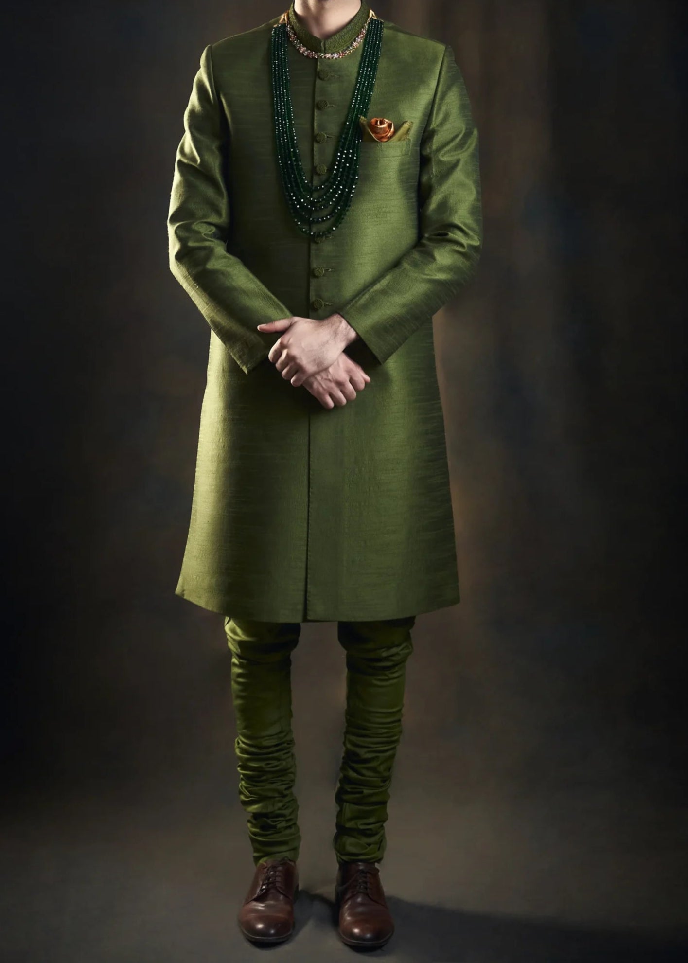 Classic Olive Green Sherwani with Collar Embroidered