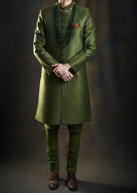 Classic Olive Green Sherwani with Collar Embroidered