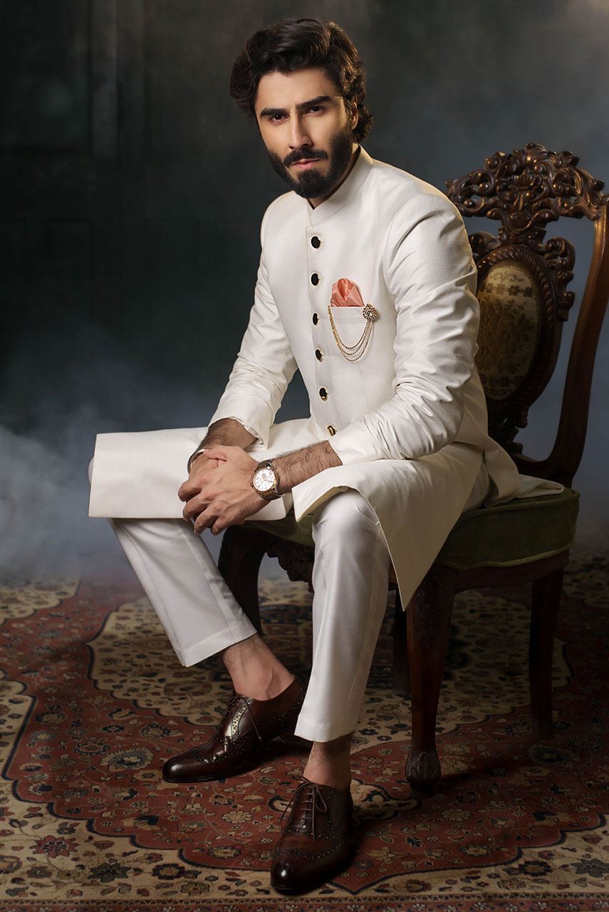 Classic Ivory White Raw Silk Sherwani