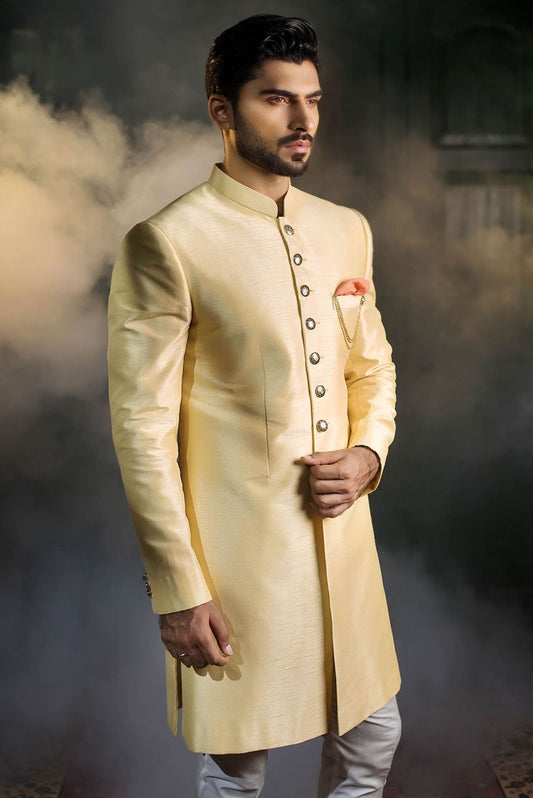 Classic Light Gold Raw Silk Sherwani