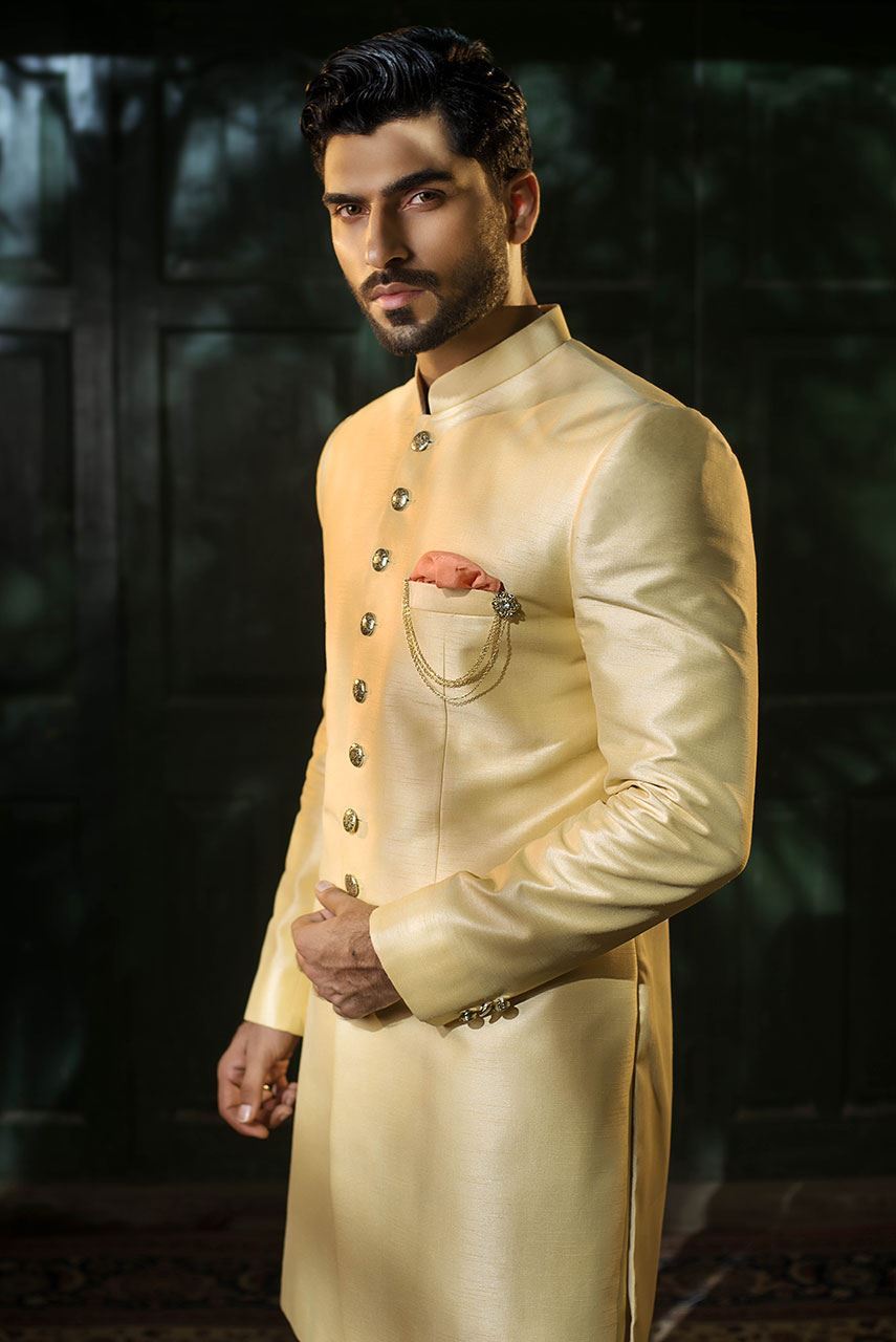 Classic Light Gold Raw Silk Sherwani