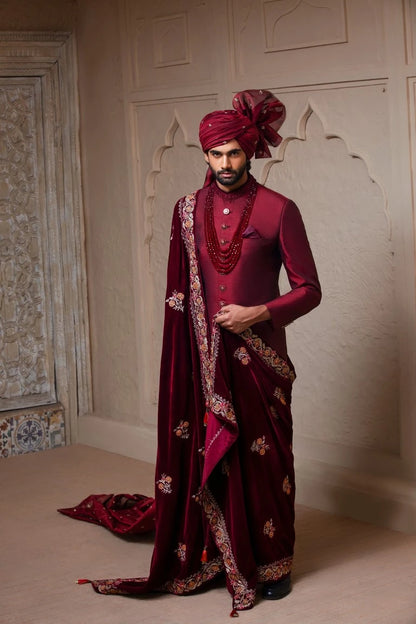 Classic Maroon Sherwani with Collar Embroidered