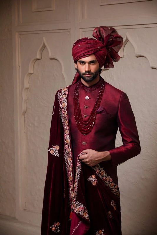 Classic Maroon Sherwani with Collar Embroidered