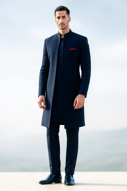 Classic Navy Blue Front Open Sherwani