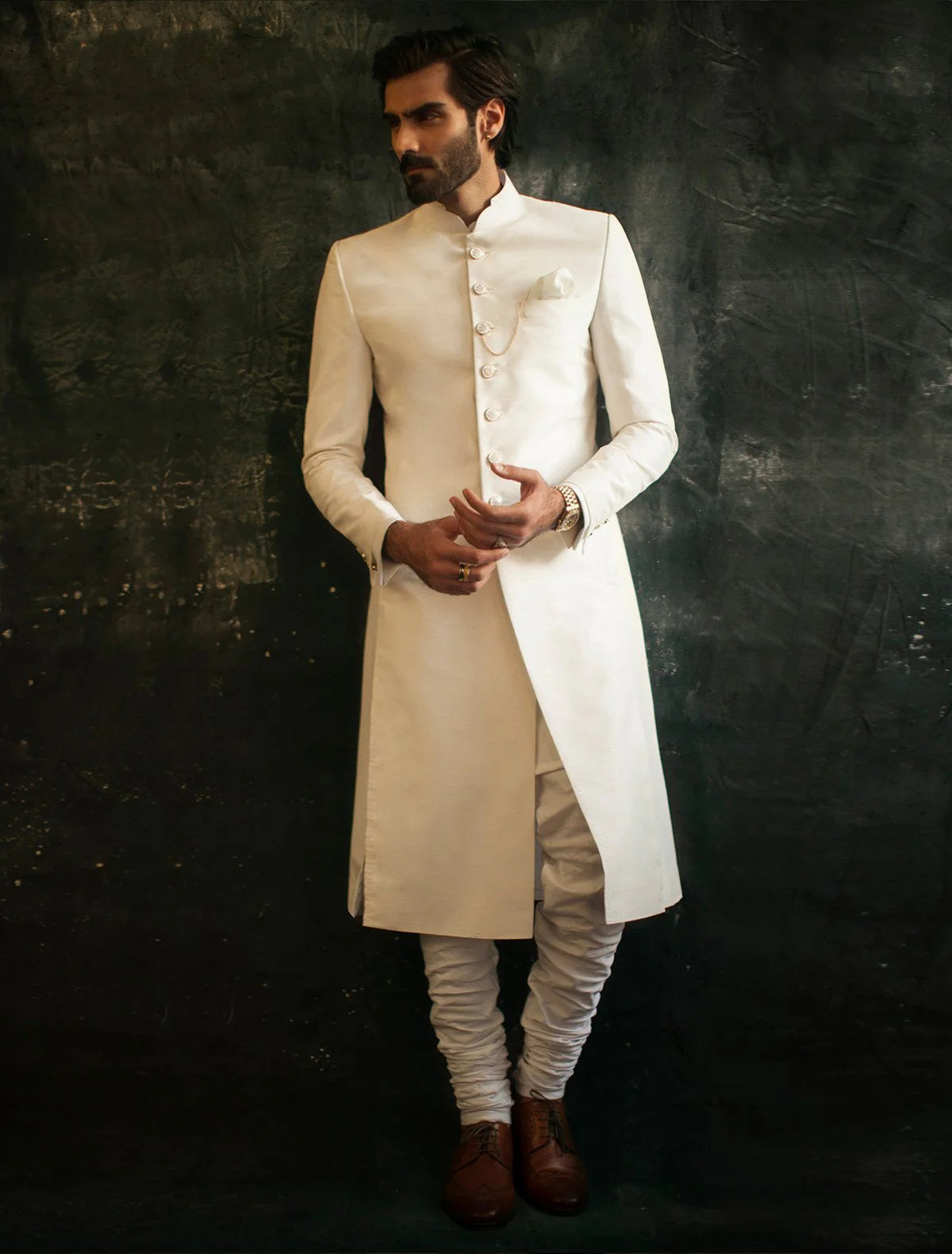 Classic Off White Raw Silk Sherwani