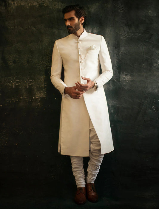 Classic Off White Raw Silk Sherwani