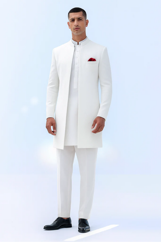 Classic White Front Open Sherwani
