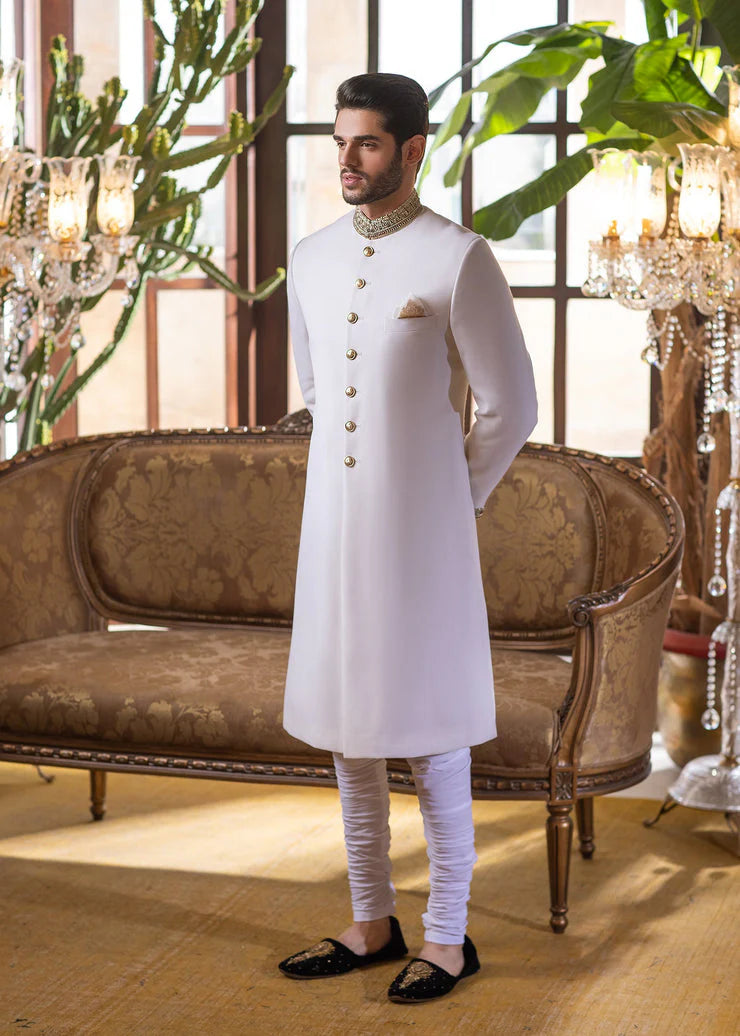 Classic White Sherwani with Zardozi Work