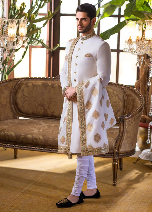 Classic White Sherwani with Zardozi Work