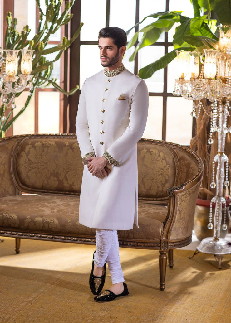 Classic White Sherwani with Zardozi Work