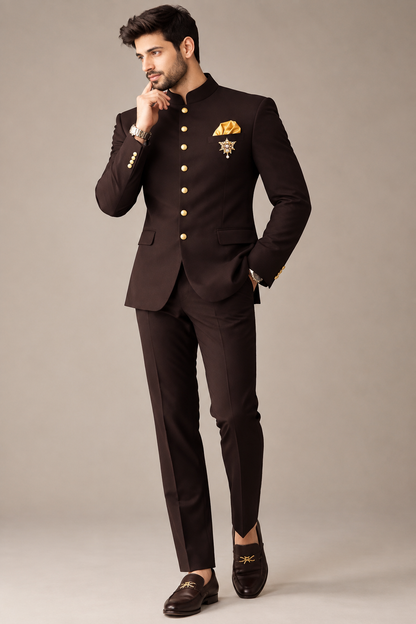 Brown Bandhgala Suit for Men | Premium Brown Jodhpuri Suit with Gold Buttons