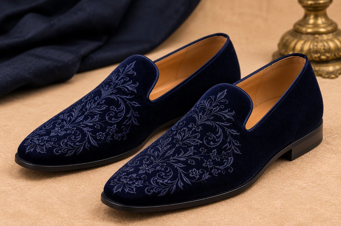 Men’s Premium Navy Blue Velvet Embroidered Loafers | Designer Wedding Slip-On Shoes for Groom & Party Wear