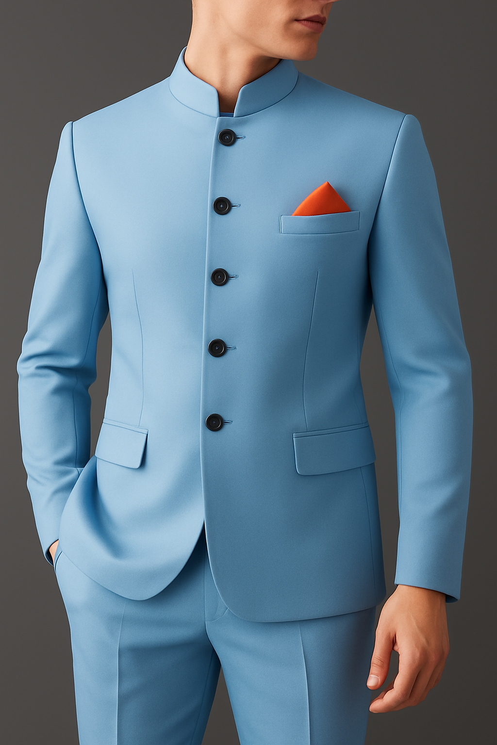 Premium Sky Blue Bandhgala Suit for Men | Designer Wedding & Festive Wear | Modern Mandarin Collar