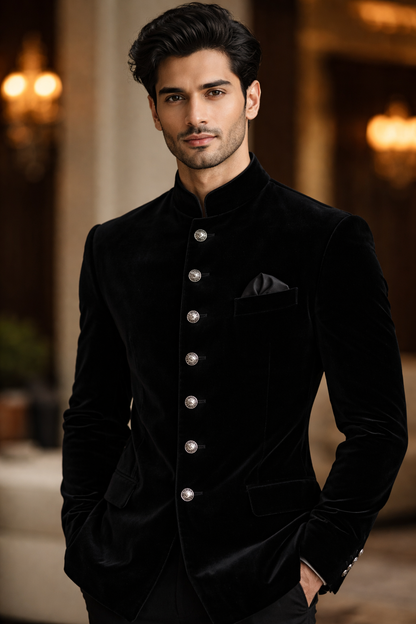 Jet Black Velvet Bandhgala for Men | Premium Wedding & Reception Jacket