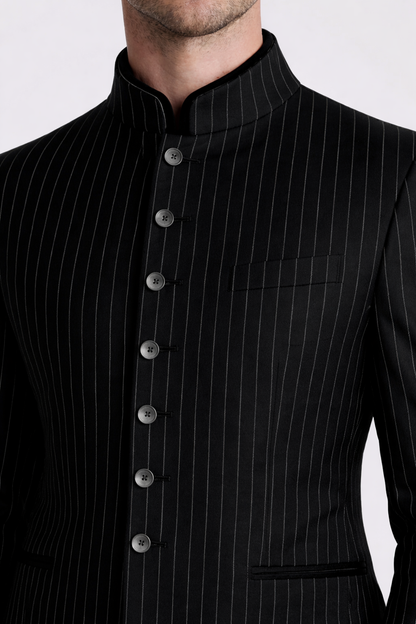 Black Pinstripe Bandhgala Suit for Men – Premium Tailored Bandhgala Jacket with Matching Trousers for Wedding & Party Wear