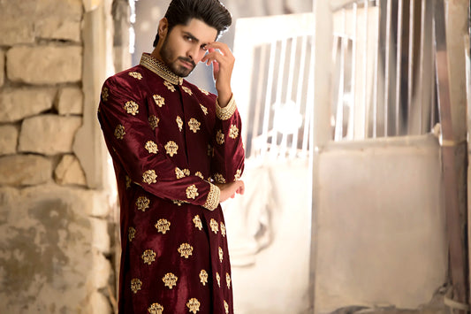 Deep Maroon Velvet All Over Embroidered Sherwani