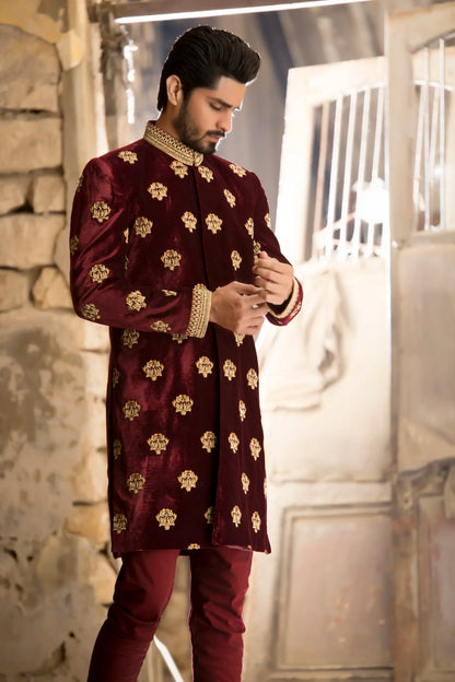Deep Maroon Velvet All Over Embroidered Sherwani
