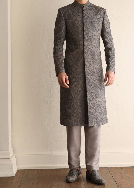 Grey All Over Heavy Embroidered Sherwani