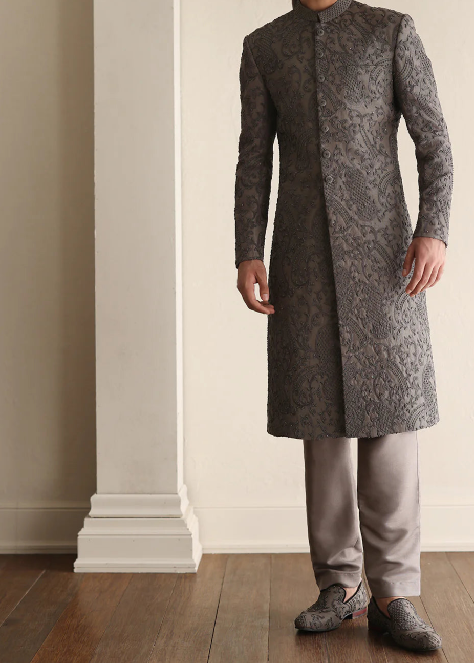 Grey All Over Heavy Embroidered Sherwani