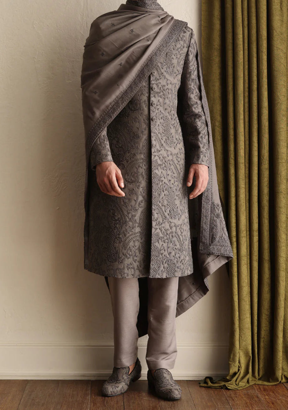 Grey All Over Heavy Embroidered Sherwani