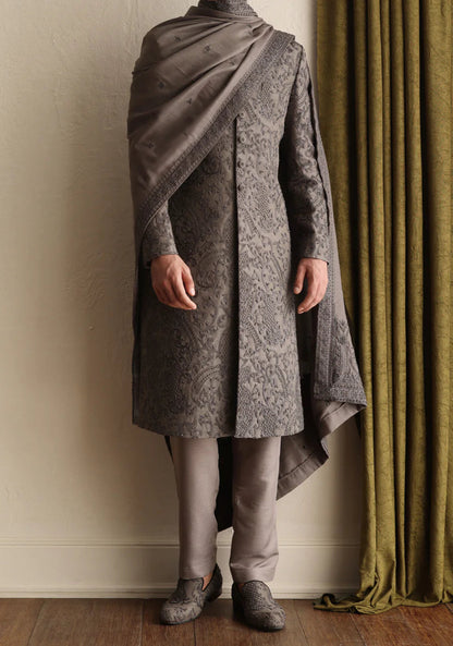Grey All Over Heavy Embroidered Sherwani