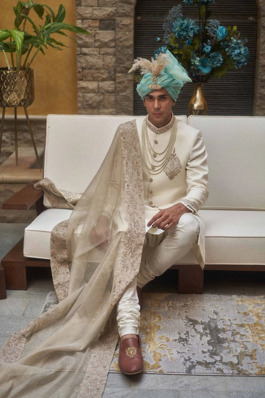 Dover White Sherwani with Hand Embroidery