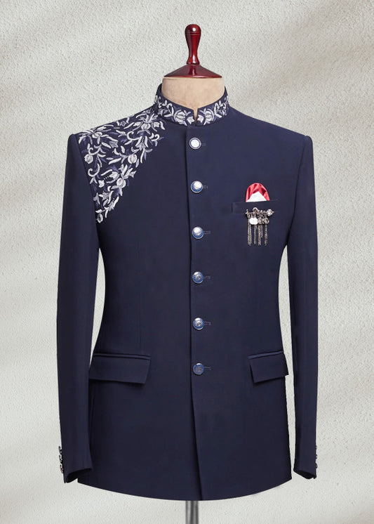 Dark Blue Embroidered Bandhgala | Sophisticated Ethnic Jacket for Men