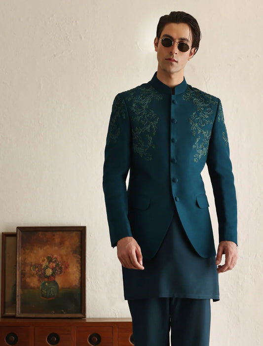 Teal Blue Embroidered Bandhgala