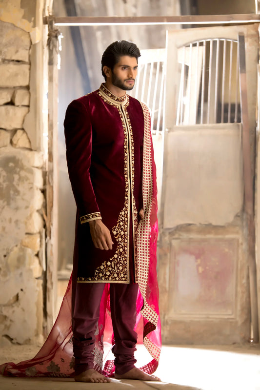 Deep Maroon Velvet Sherwani with Collar and Sleeve Embroidered