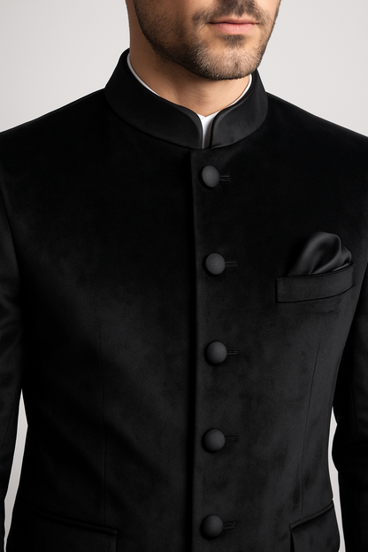 Black Suede Velvet Bandhgala